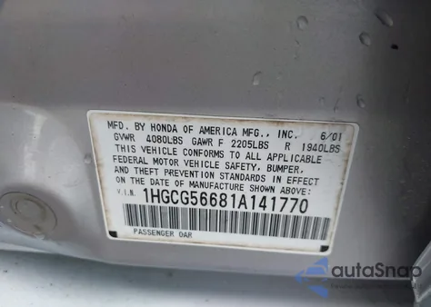 2001 Honda Accord 2.3 Ex from USA, damaged, VIN 1HGCG56681A141770